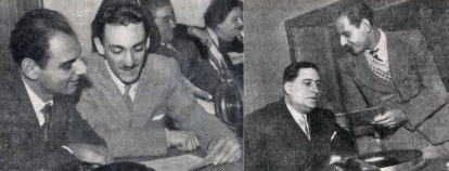 Giovanni Gigliozzi, en ambos extremos de esta combinación de fotos, conversa en la de la izquierda con el actor Fiorenzo Fiorentini y en la de la derecha con el músico Dante Alderighi.